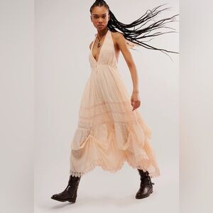 Free people cream afternoon bustle halter maxi dress nwt large